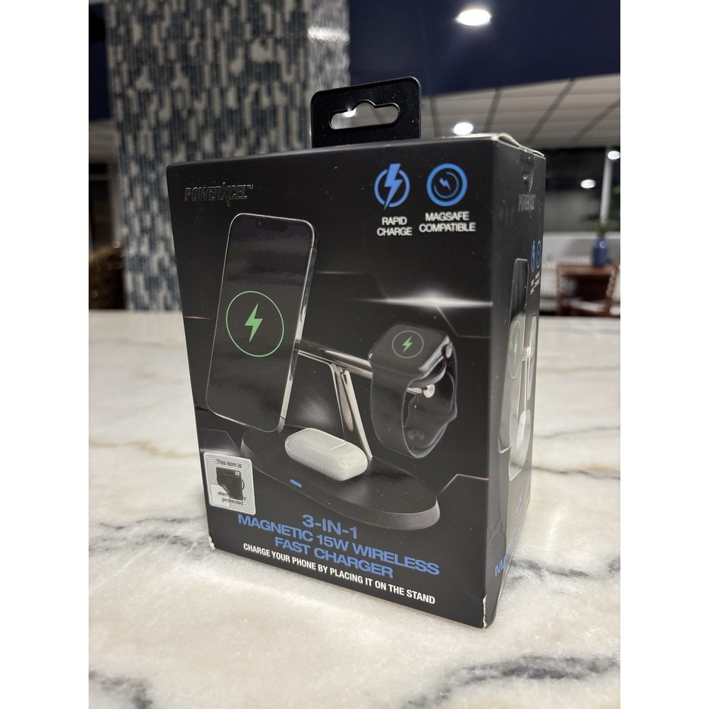 Brand New In Box PowerXcel 3-in-1 Magnetic 15W Wireless Fast Charger Black